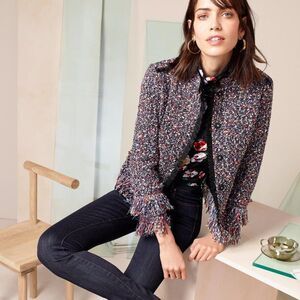 NET Ann Taylor Blue Red Multi Fiesta Tweed Fringe Jacket Small Petite